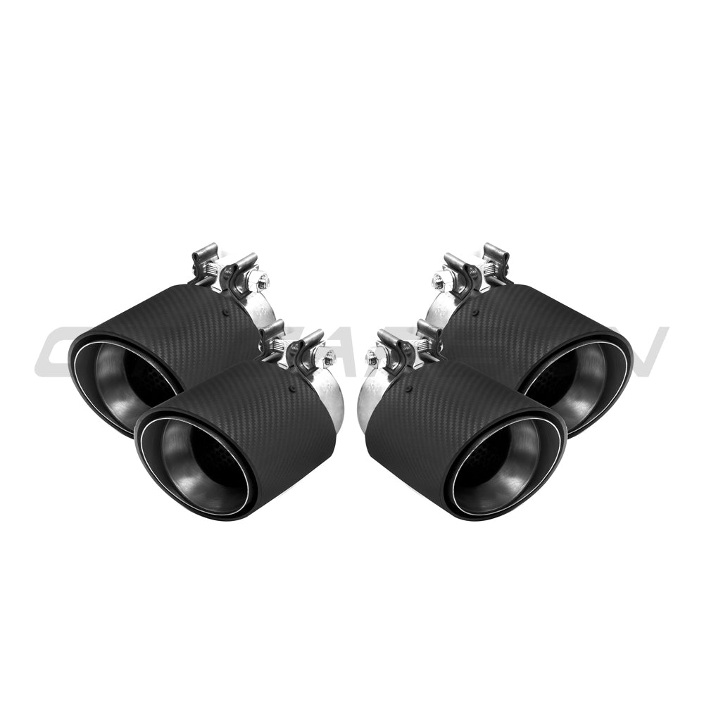 BMW G90 M5 and G99 M5 Touring 2024 carbon fibre exhaust tips by CT Carbon, showcasing sleek, polished design and durable material.