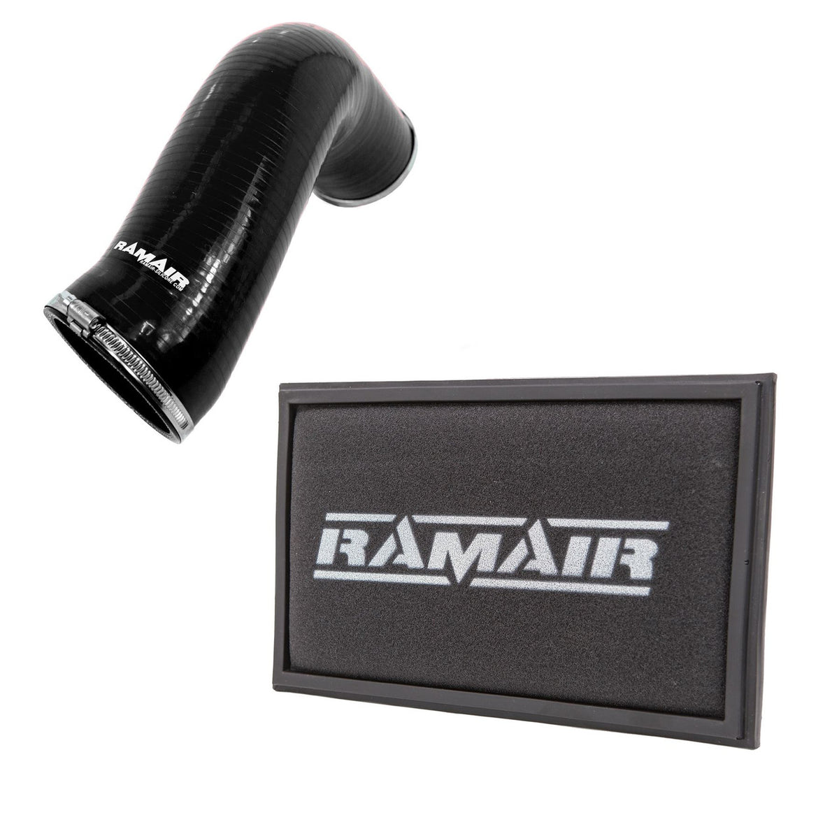 Ramair silicone intake pipe hose and replacement air filter for Audi S3 TSI MQB induction kit, shown installed on engine.