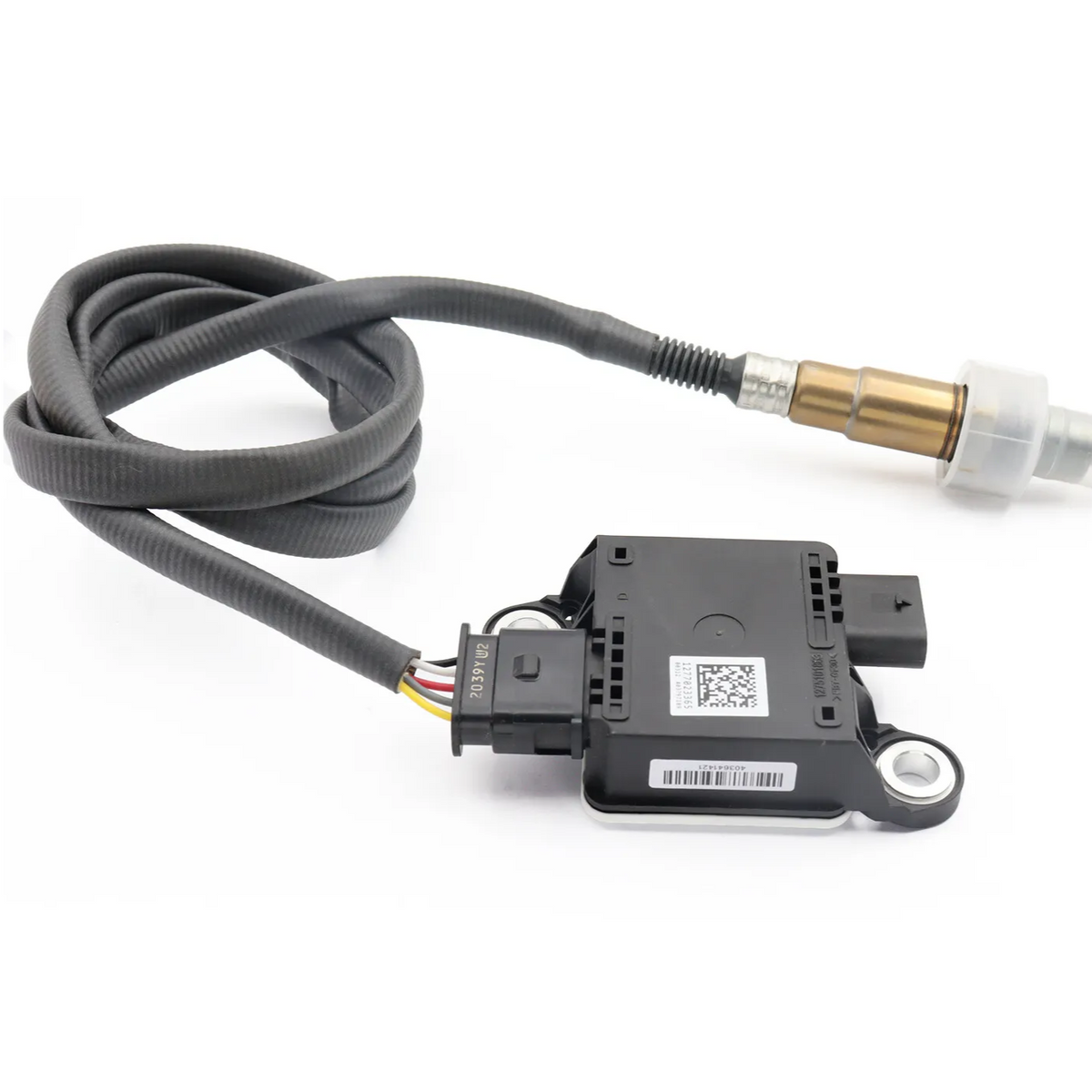 Genuine BMW diesel particulate sensor for 1, 2, 3, and 4 Series, exhaust sensor with electrical connector and metal housing.