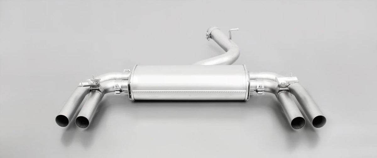 Remus Audi S3 8V saloon cat-back exhaust system with polished stainless steel pipes and dual exhaust tips.
