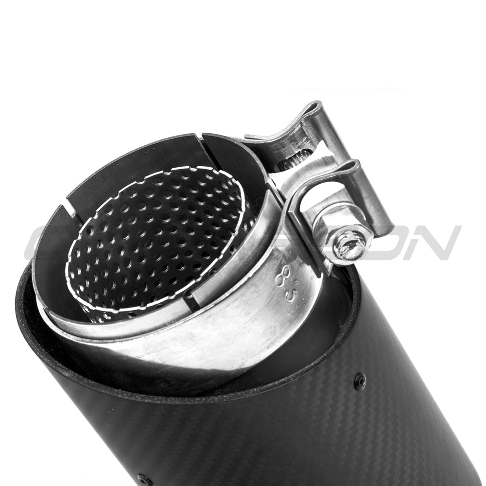 BMW G90 G99 M5 2024+ CT Carbon carbon fibre exhaust tips attached to the rear of the high-performance sedan.