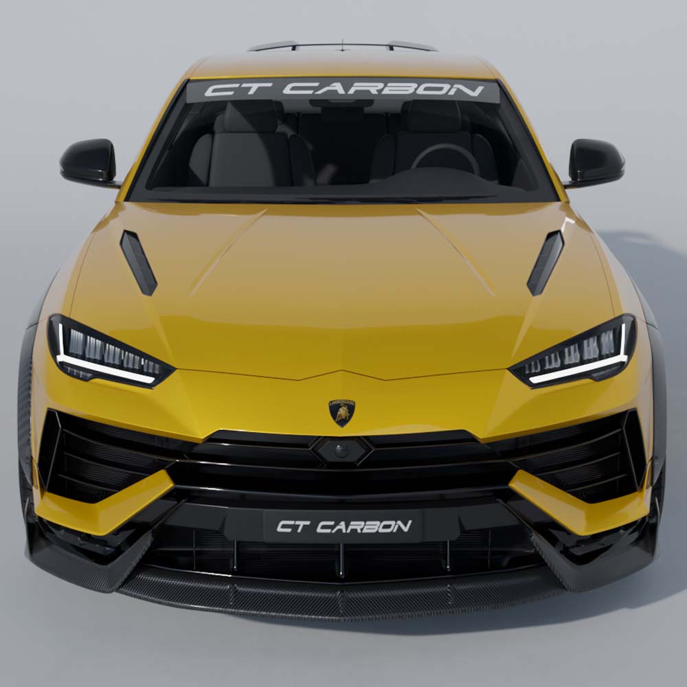 Lamborghini Urus S full carbon fiber kit by CT Carbon installed on the vehicle, showcasing sleek, lightweight carbon fiber components.