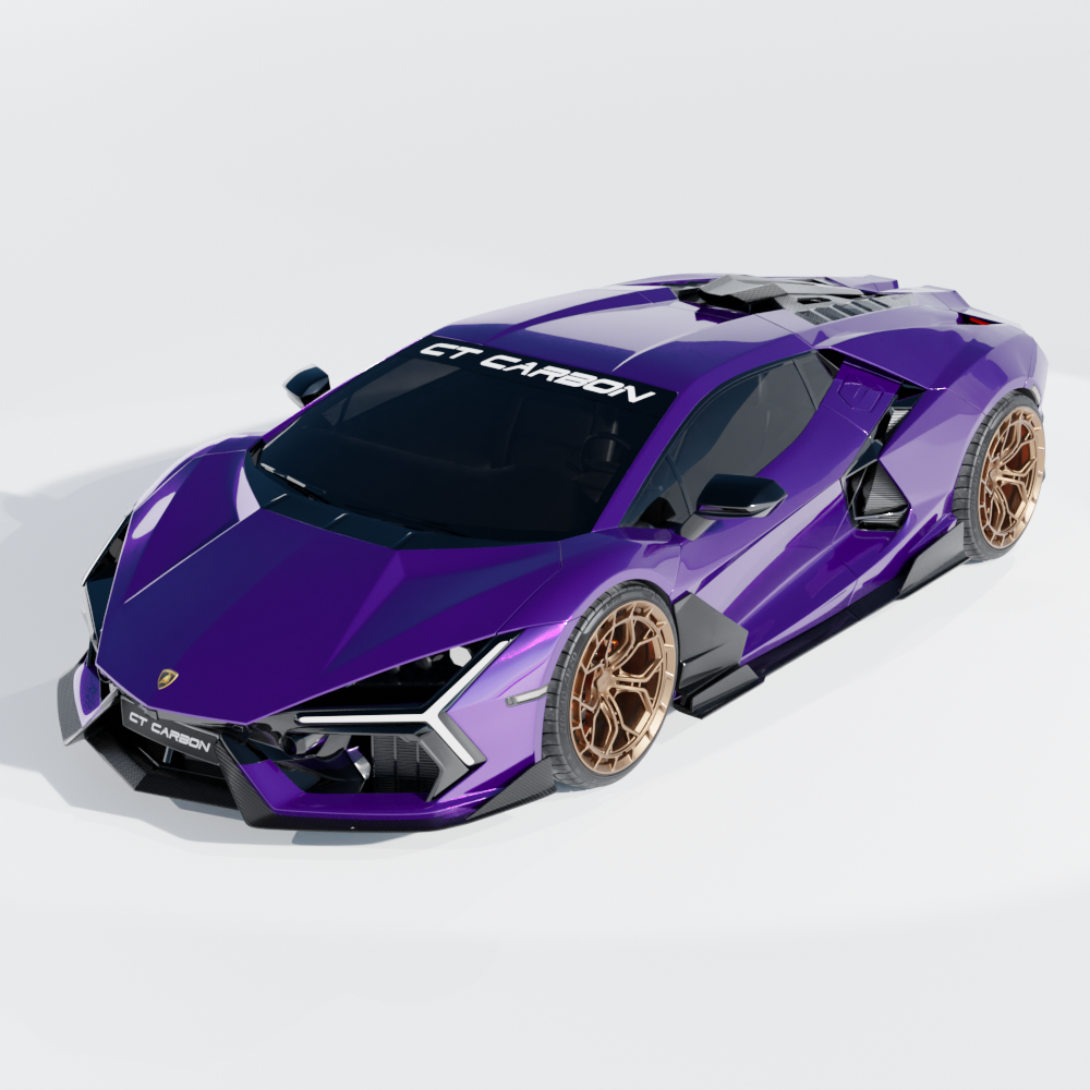 CT Carbon Lamborghini Revueltto matte carbon fiber front splitter showing aerodynamic design and textured finish.