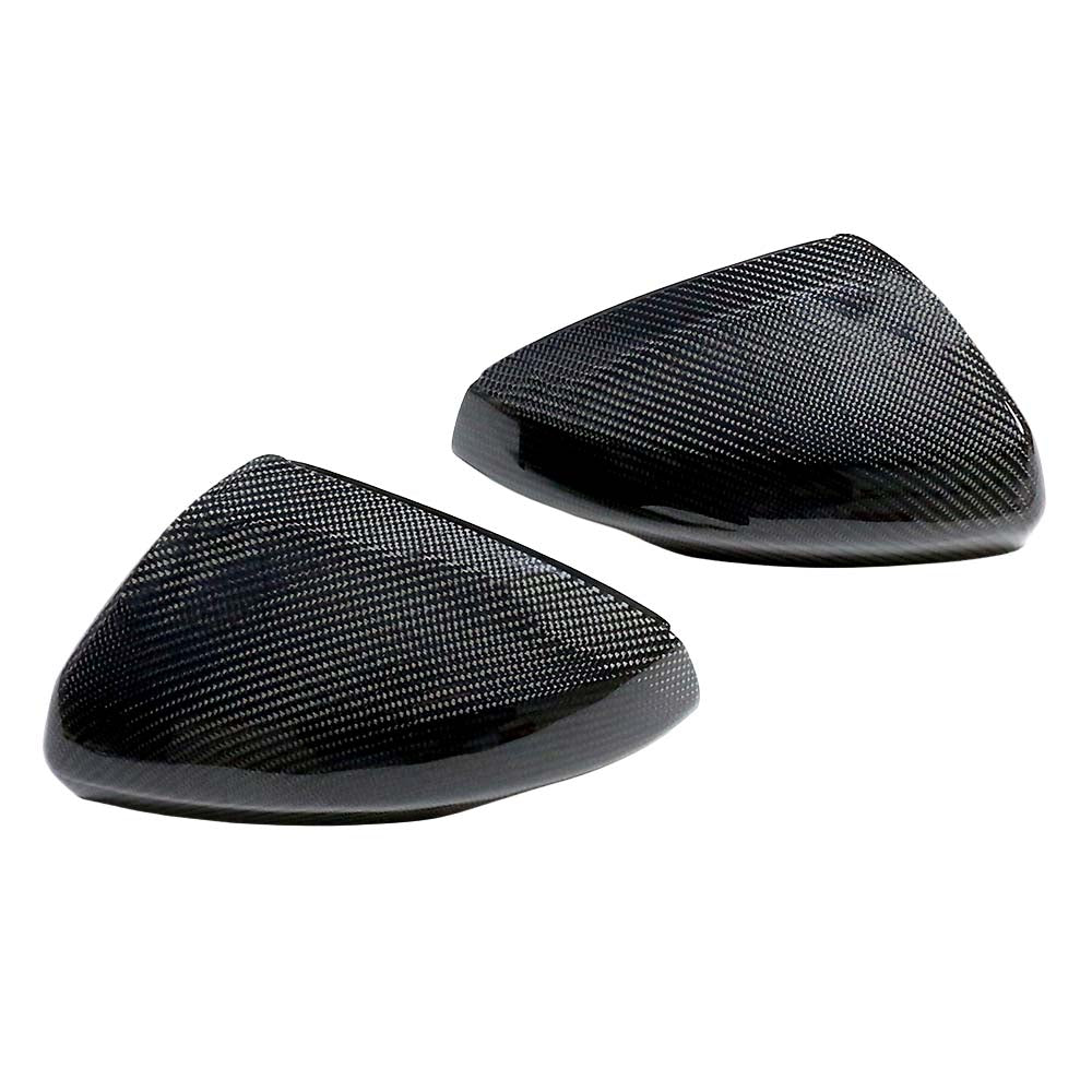 VW Polo MK6 2019+ CT Carbon fiber mirror cover replacements, close-up view of sleek, dry carbon fiber side mirror covers.