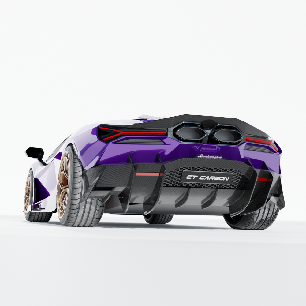 CT Carbon Lamborghini Revueltto matte carbon fiber rear diffuser showing textured carbon finish and aerodynamic design elements.