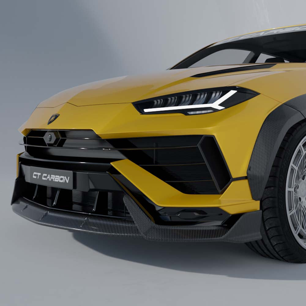 Lamborghini Urus S dry carbon fibre splitter by CT Carbon with detailed textured finish and aerodynamic design.
