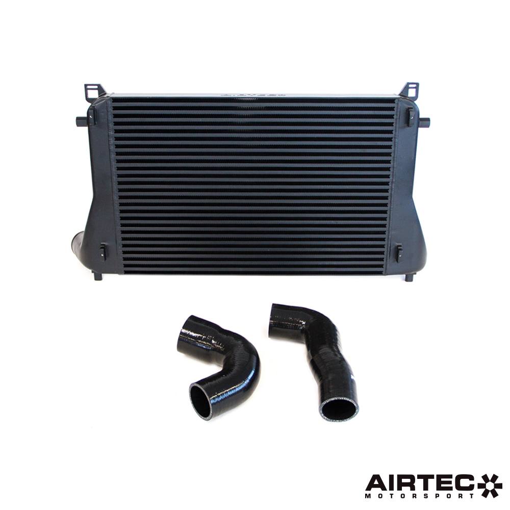 Airtec Motorsport intercooler upgrade for VW Golf 7, Seat Leon Cupra, and Audi S3 8V showing the intercooler core and piping.
