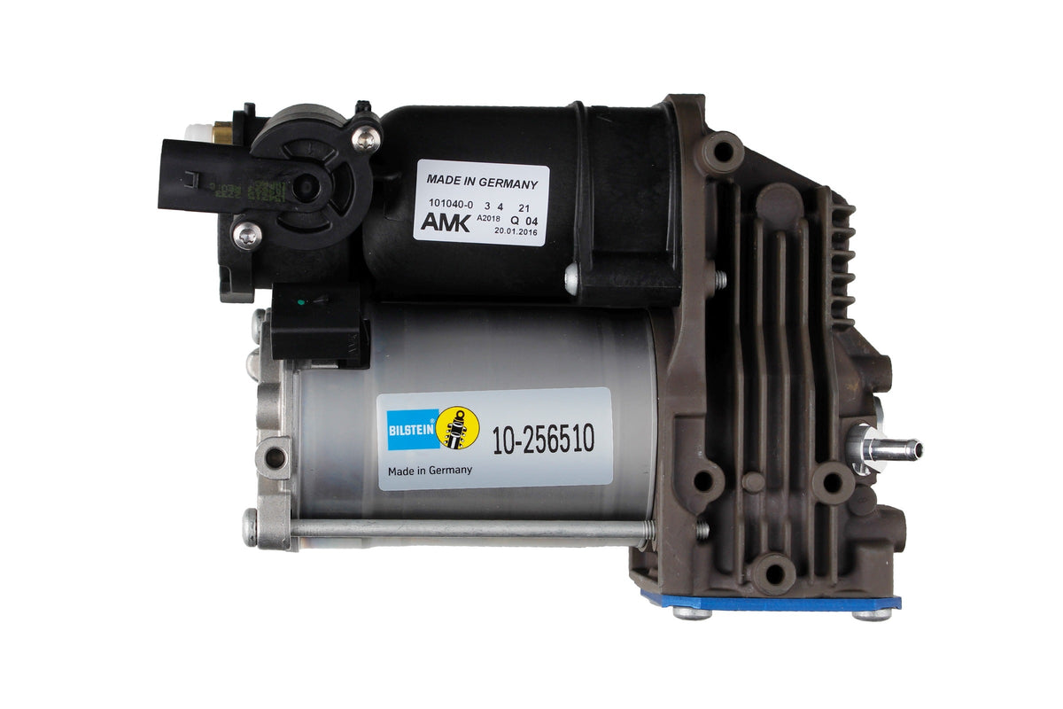 Bilstein B1 air suspension compressor for BMW X5 E70 and X6 E71, compact unit with hoses and connectors visible.