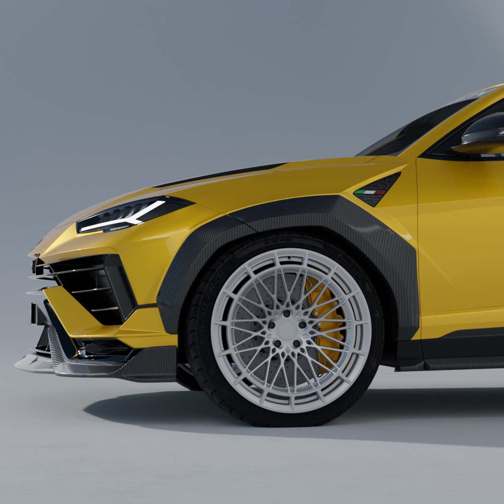 Lamborghini Urus S full carbon fibre kit by CT Carbon, showing sleek, glossy carbon fibre car body parts and aerodynamic design.