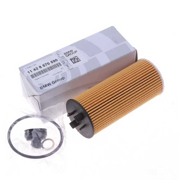 Genuine BMW oil filter 11428570590 for B37, B38, B42, B47 engines, showing the filter element and packaging.