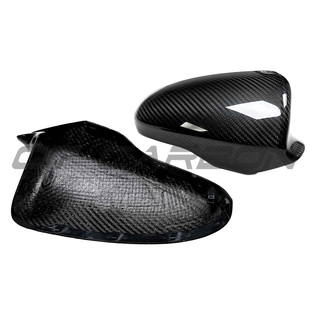BMW F06/F12/F13/F10 M5 M6 carbon fiber mirror cover replacement by CT Carbon, close-up of sleek dry carbon fiber mirror cover