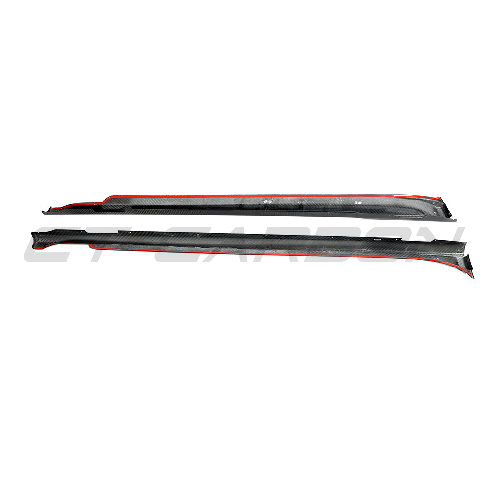 CT Carbon Porsche Taycan 2020-2024 carbon fibre side skirts installed on the car, showcasing sleek aerodynamic design.