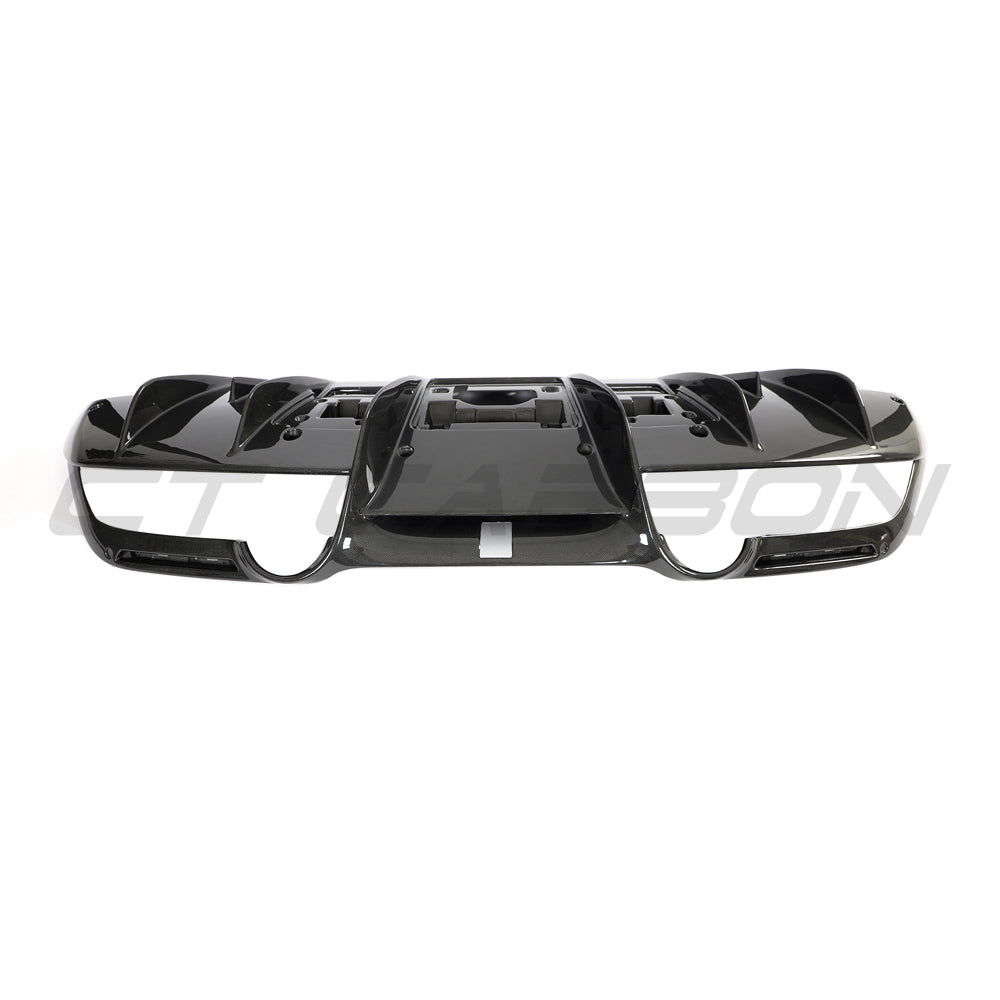 CT Carbon Ferrari F8 carbon fibre diffuser shown with sleek, aerodynamic design and detailed carbon fibre texture.