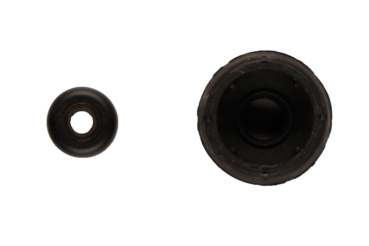 Bilstein B1 front suspension top mount for Audi A3, showing the black metal mount with mounting holes and shock absorber connection.