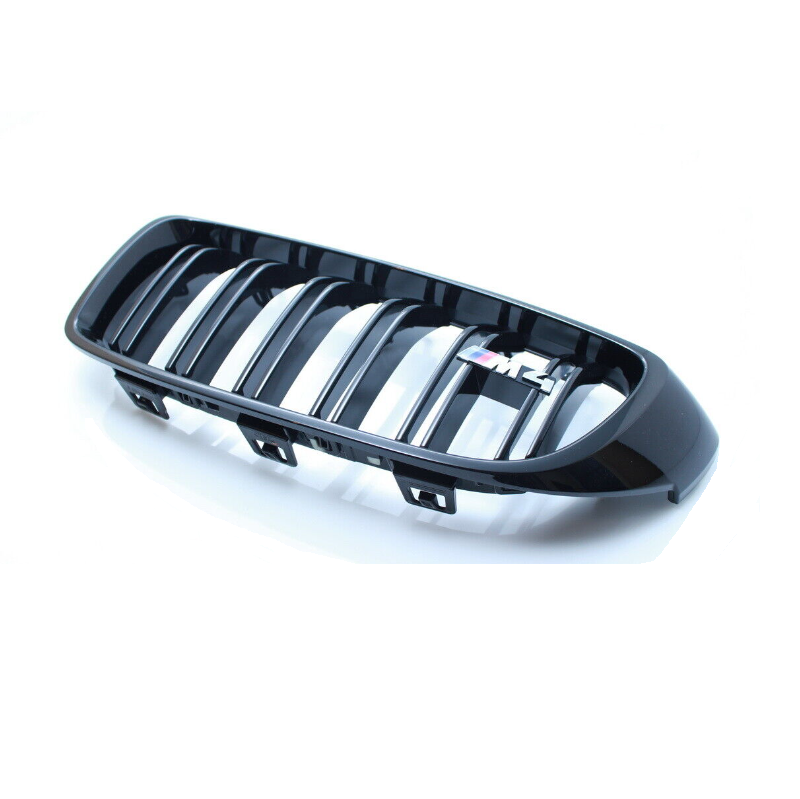 Genuine BMW M Performance F82 F83 front black kidney grilles pair for M4, showing sleek, sporty grille design with BMW logo.