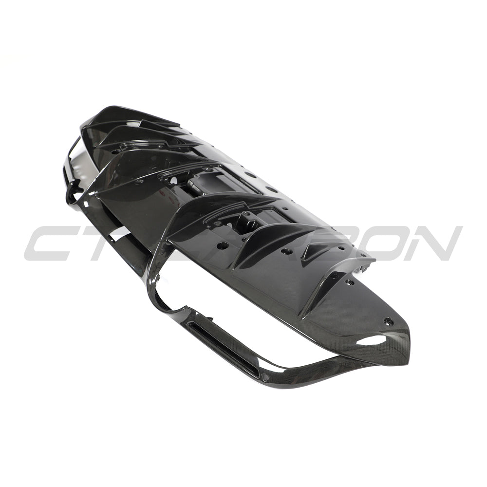 CT Carbon Ferrari F8 2019-2023 carbon fibre diffuser showing sleek, aerodynamic design and detailed carbon fibre texture.