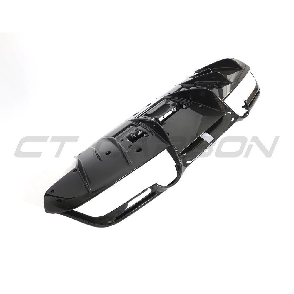 CT Carbon Ferrari F8 2019-2023 carbon fibre diffuser showing sleek, aerodynamic design with textured carbon fiber surface.