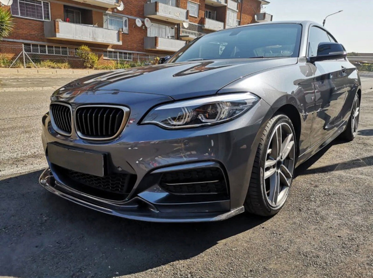BMW M240i M235i F22 front splitter by 72Design in gloss carbon fibre with a sleek, aerodynamic performance style design.