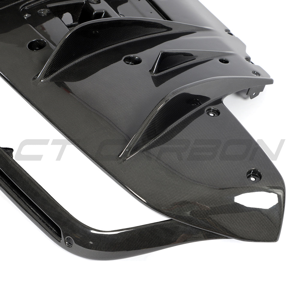 CT Carbon Ferrari F8 carbon fibre diffuser showing sleek black carbon fiber surface and aerodynamic design for high-performance sports cars.