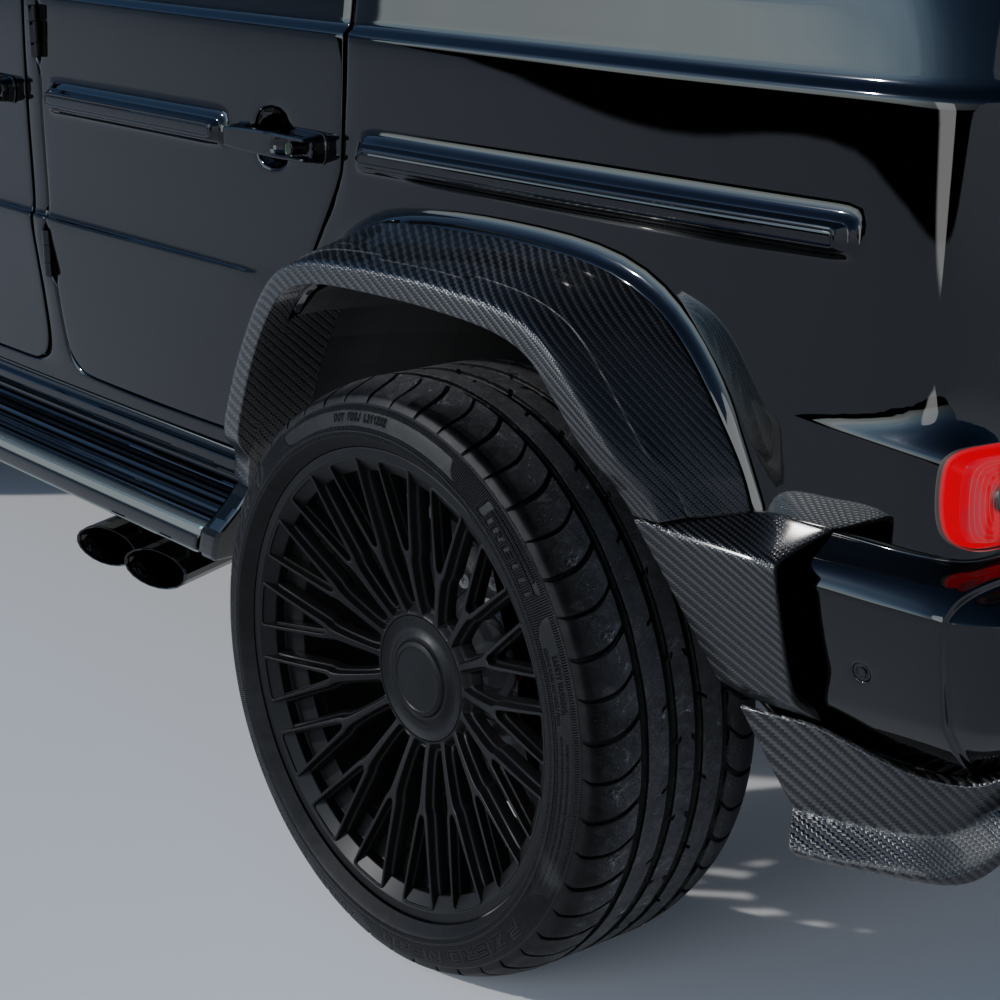 Mercedes-Benz W463 G63 carbon fibre wide arch kit by CT Carbon, showcasing sleek carbon fibre panels and wide arch design.