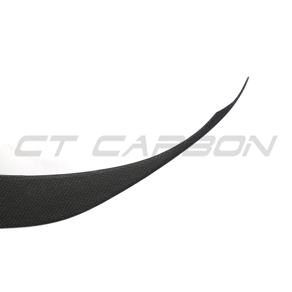CT Carbon Ferrari F8 2019-2023 front bumper carbon fiber splitter trim showcasing sleek, aerodynamic design and high-quality craftsmanship.