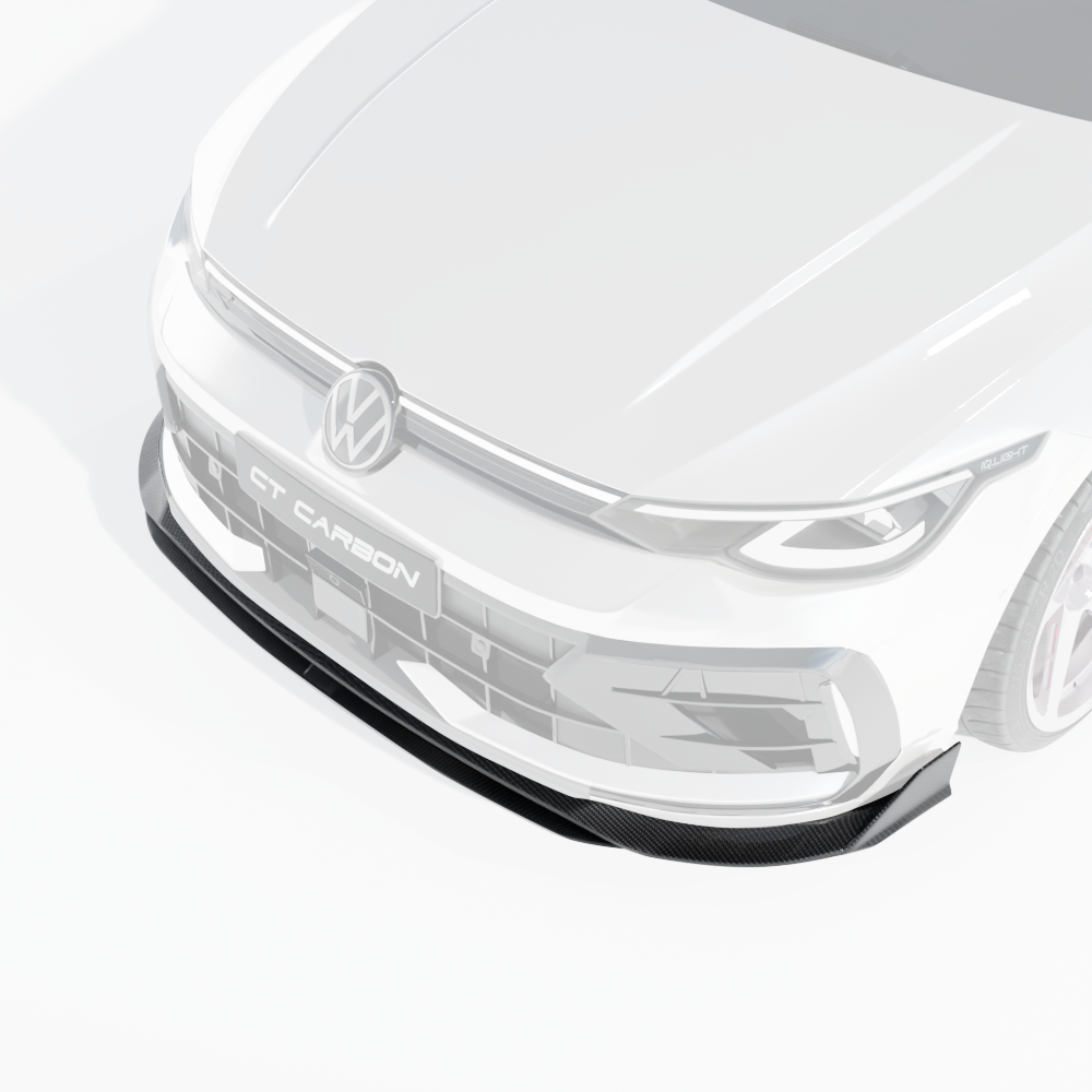 Carbon fiber splitter for VW Golf MK8.5 R 2024+ by CT Carbon, showing the sleek, textured aerodynamic enhancement.