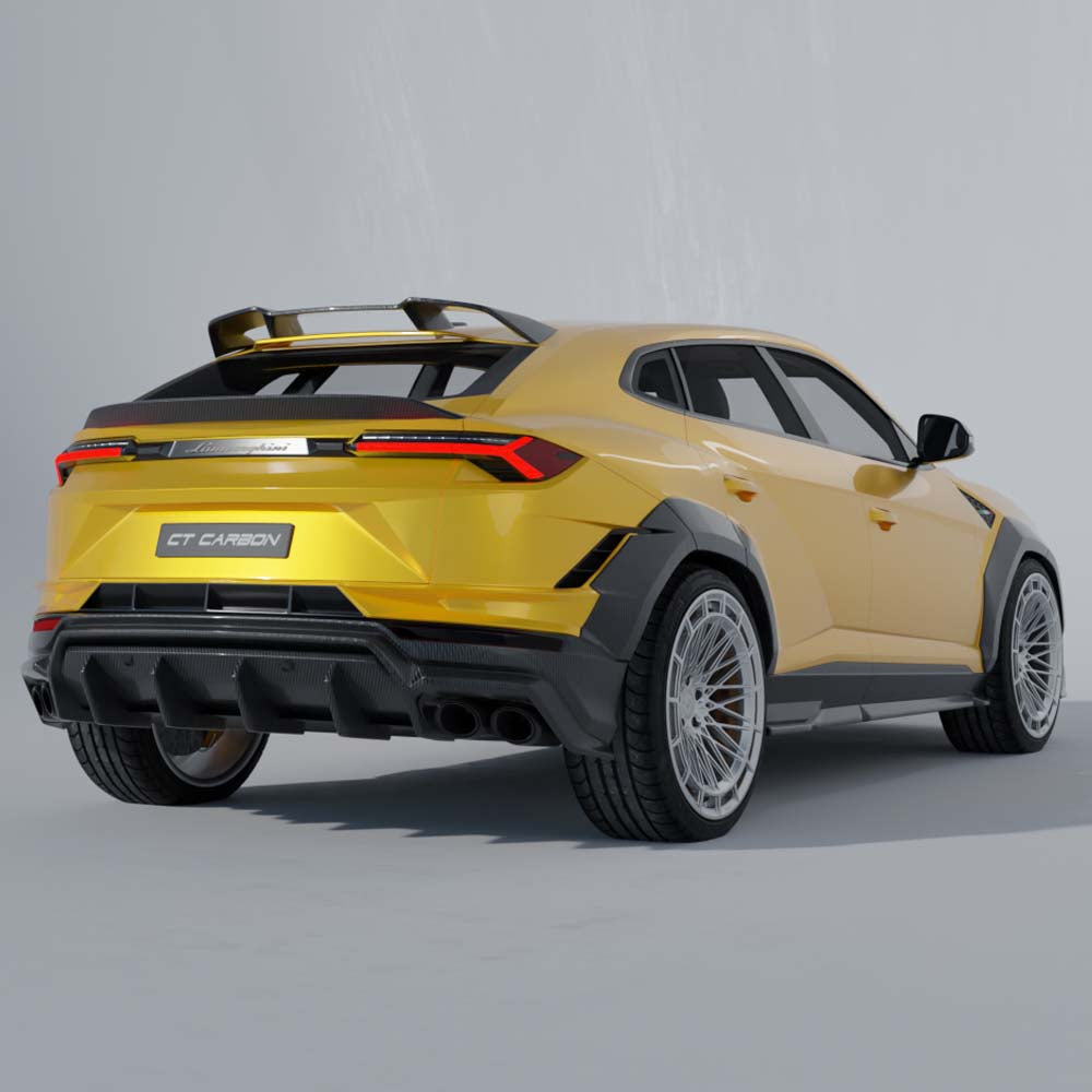 Lamborghini Urus S with CT Design full carbon fiber kit, showing close-up of carbon fiber accents on the vehicle's exterior.