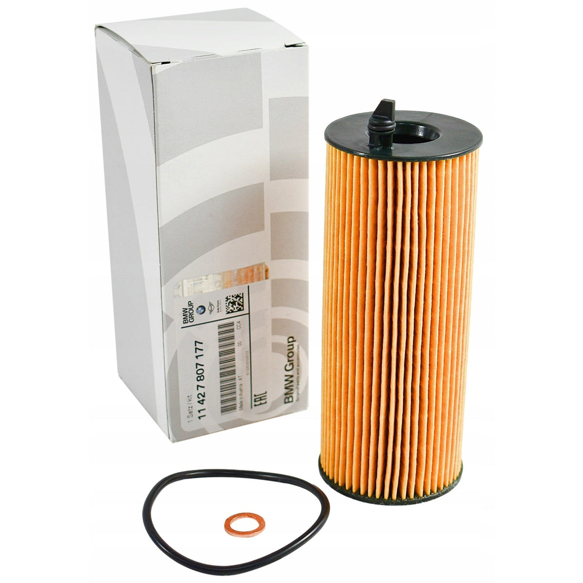 Genuine BMW oil filter for N47 engine, model 11427807177, showing the clean, brand-specific filter element for engine maintenance.