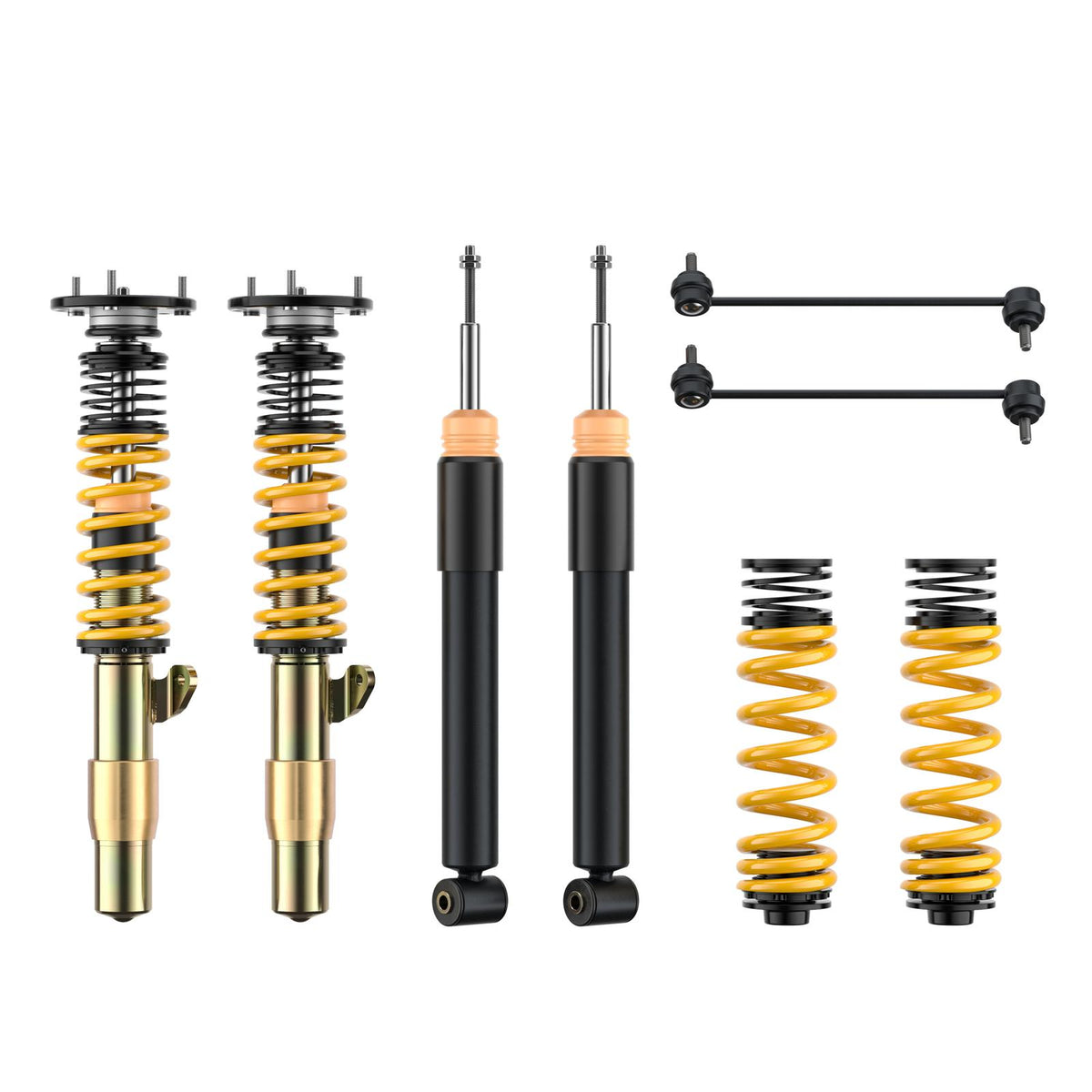 ST Suspension coilovers with adjustable damping and top mounts for BMW E92/E90 M3, featuring shock absorbers and mounting hardware.