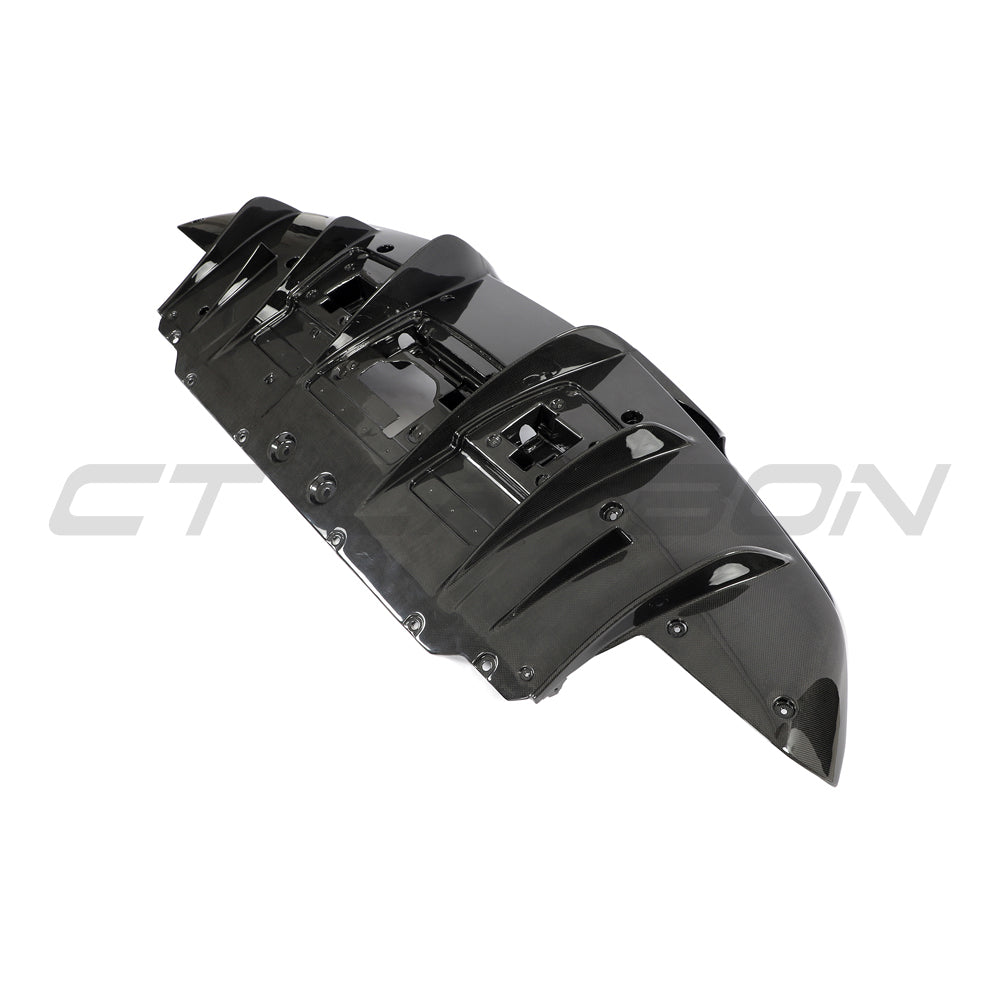 CT Carbon Ferrari F8 carbon fibre diffuser showing sleek black aerodynamic design with textured carbon fiber surface.