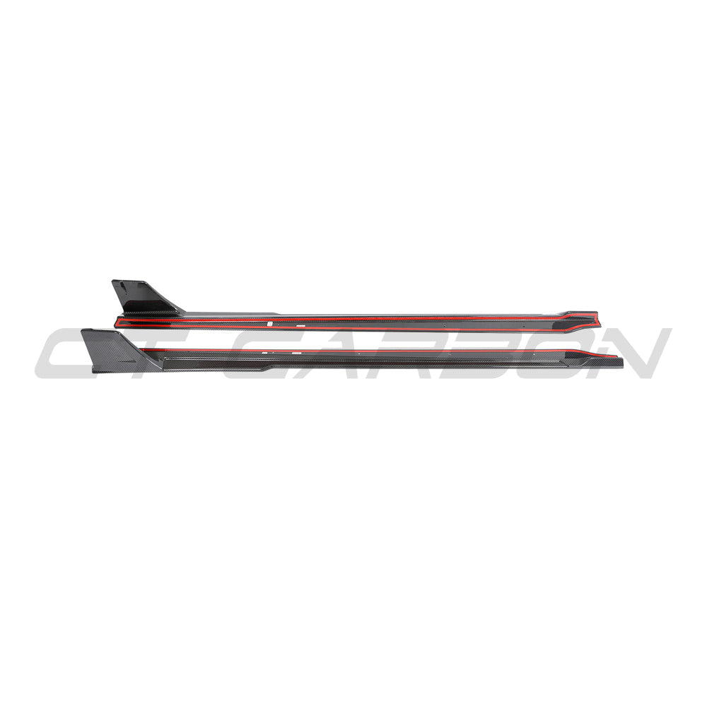 BMW G87 M2 2023 carbon fibre side skirts by CT Carbon, featuring sleek aerodynamic design and textured carbon finish.