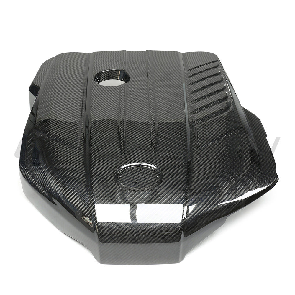 CT Carbon Toyota Supra A90 3.0T B58 carbon fiber engine cover accessory showing sleek, lightweight design and textured finish.