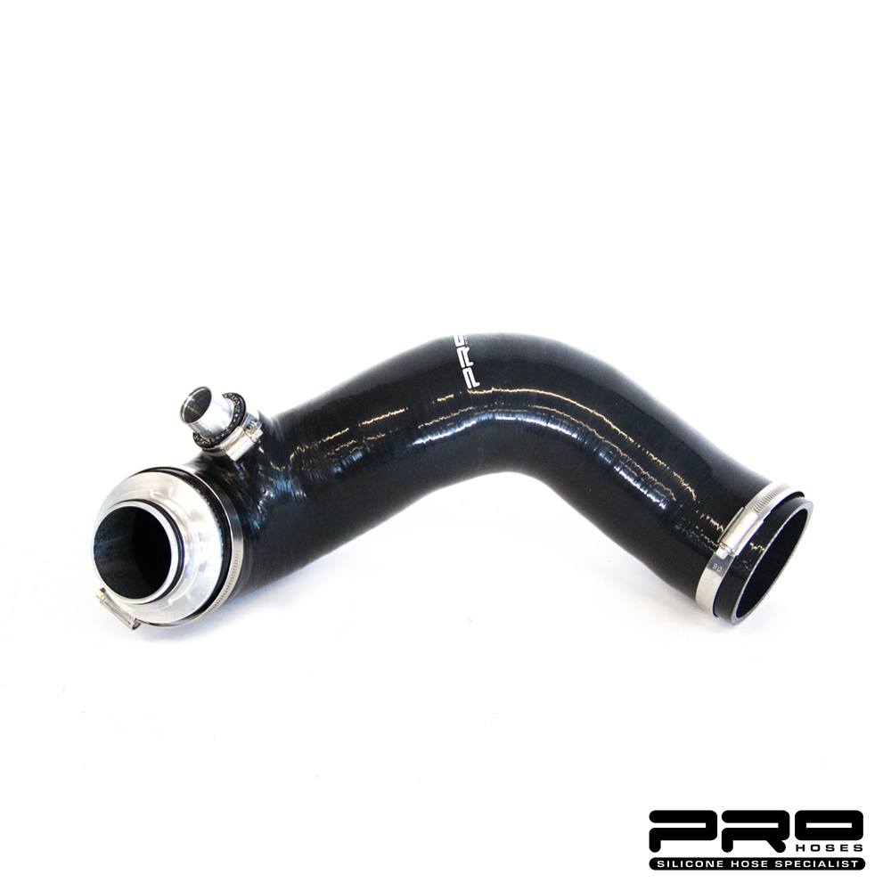 Airtec PRO HOSES TURBO to intake hose for EA888 2.0 TSI engine, black silicone hose with reinforced connections.