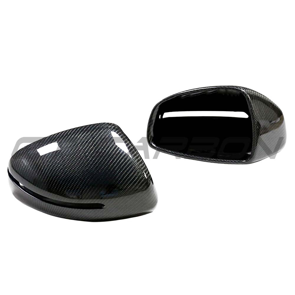 CT Carbon Audi R8 2007-2012 carbon fibre mirror cover replacement showing sleek, textured mirror housing on the car.