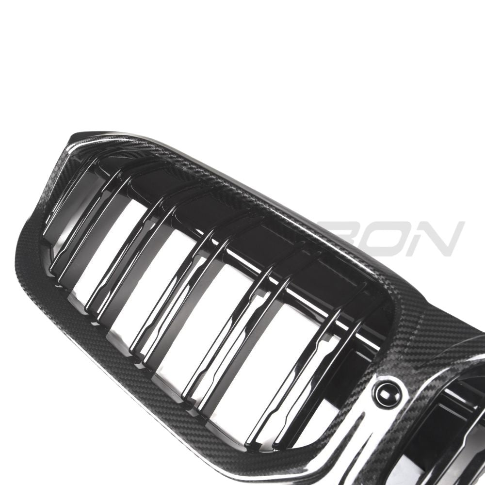 BMW 3 Series G20 G21 LCI 2022+ Carbon Fibre Double Slat Grille by CT Carbon, close-up of sleek black grille design.