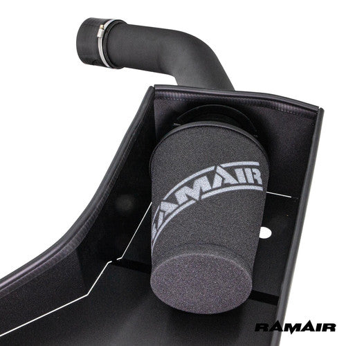 Ramair air filter intake induction kit installed in an Audi TT 8J 2.0 TFSI engine, showcasing the high-performance filter and intake setup.