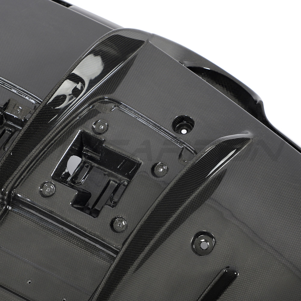 CT Carbon Ferrari F8 carbon fibre diffuser showing sleek aerodynamic design and textured surface on a white background.