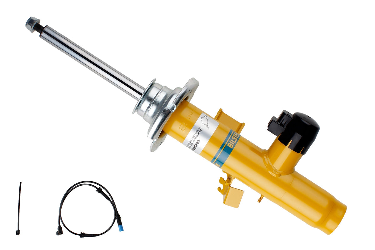 Bilstein B6 Damptronic front shock absorber for Porsche Cayman and Boxster 981 and 982 models, showing the shock unit with mounting hardware.