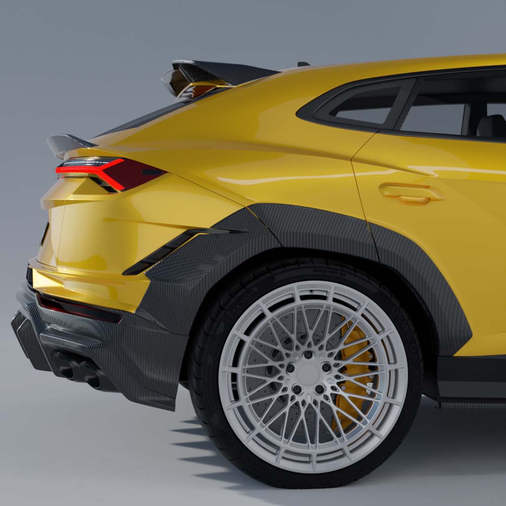 Lamborghini Urus S full carbon fiber kit by CT Carbon, showing close-up of sleek carbon fiber parts and high-performance design.