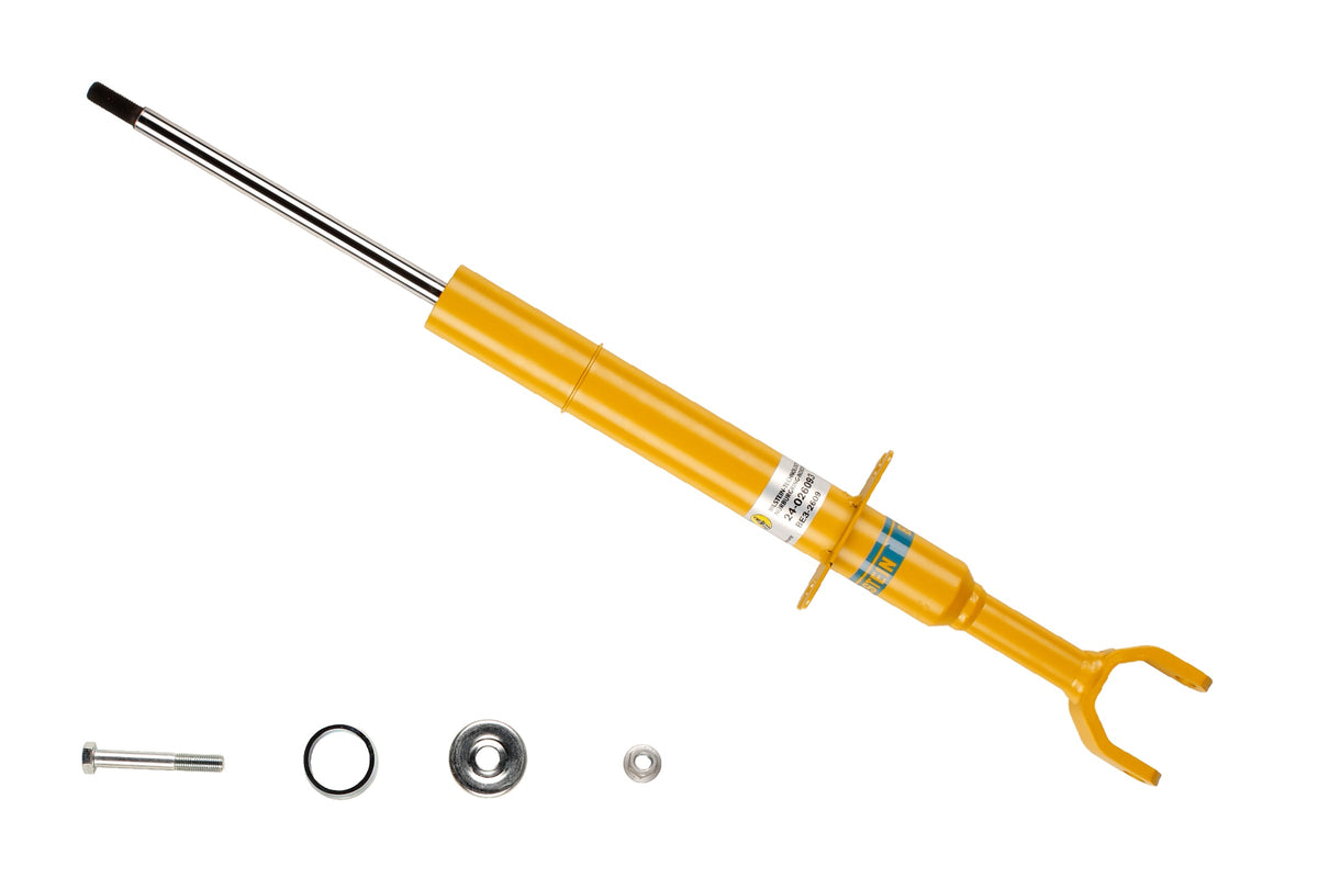 Bilstein B6 front shock absorber for Audi A8, showing the black metal shock component with mounting points and brand logo.