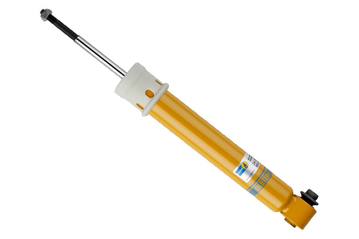 Bilstein B6 rear shock absorber for BMW X5 E53, durable suspension component with metallic body and mounting bushings.