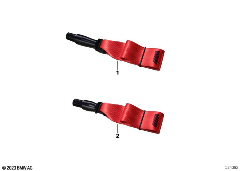 Genuine BMW M2 M3 G80 G42 G20 G40 M Performance tow strap, sturdy metal hooks and red strap for vehicle recovery.