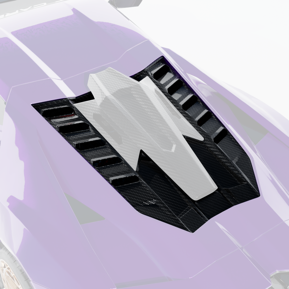 Lamborghini Revueltto matte carbon fiber engine cover roof scoop by CT Carbon, showcasing sleek carbon fiber texture and aerodynamic design.