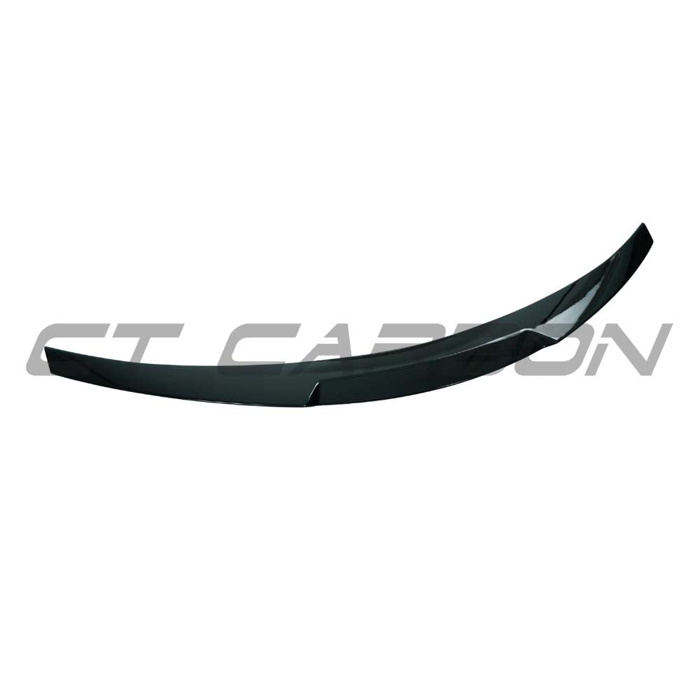 Gloss black BMW 1 Series E82 spoiler by CT Carbon, V2 style, mounted on a 2007-2013 coupe with sleek aerodynamic design.