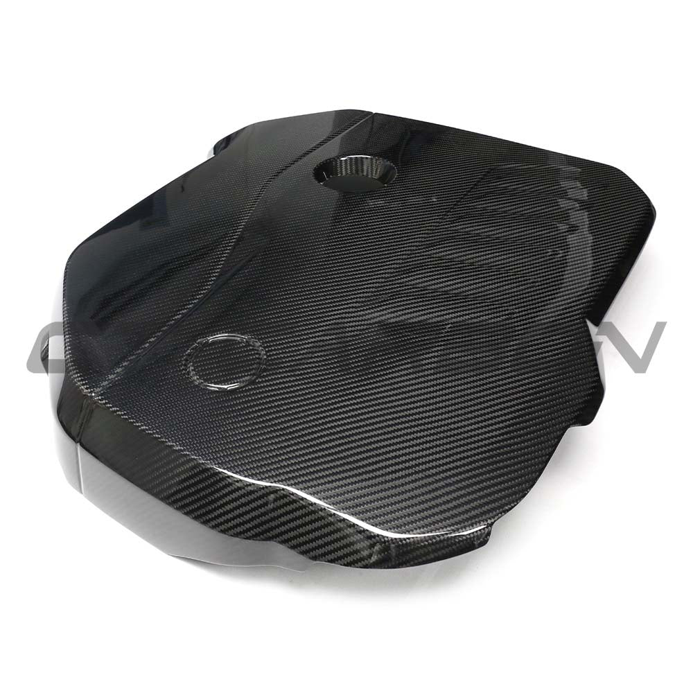 BMW G42 2 Series M240i 2022+ dry carbon fibre engine cover by CT Carbon, showcasing sleek, lightweight engine protection accessory.