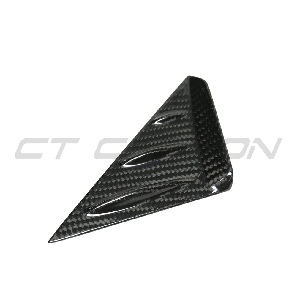 CT Carbon Porsche 911 and Cayman carbon fiber pillar trim, close-up showing sleek black textured finish and precise fit.