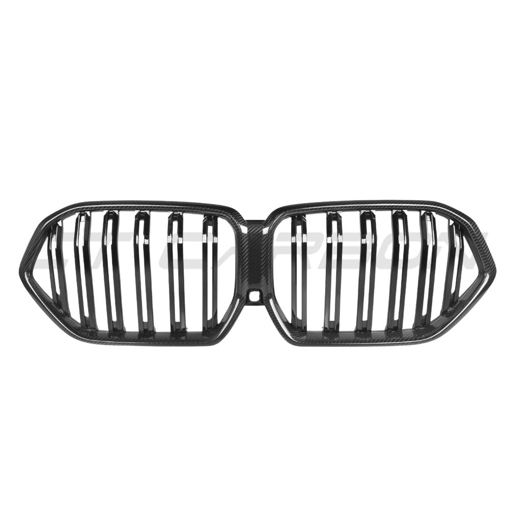 BMW X6 G06 & X6M F96 2019-2022 CT Carbon double slat pre-preg carbon fiber grille installed on the front of the vehicle.