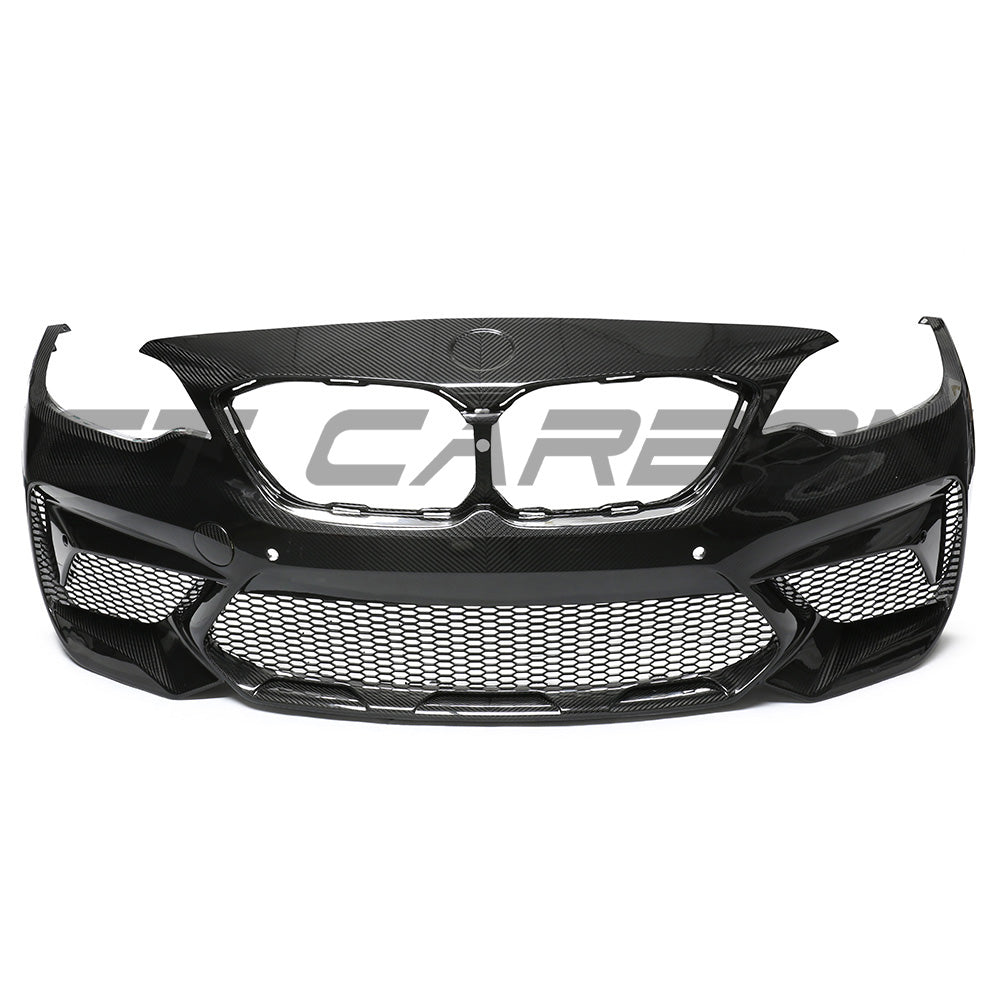 BMW F87 M2C carbon pre-preg fibre front bumper by CT Carbon, showcasing the aerodynamic design and lightweight material.