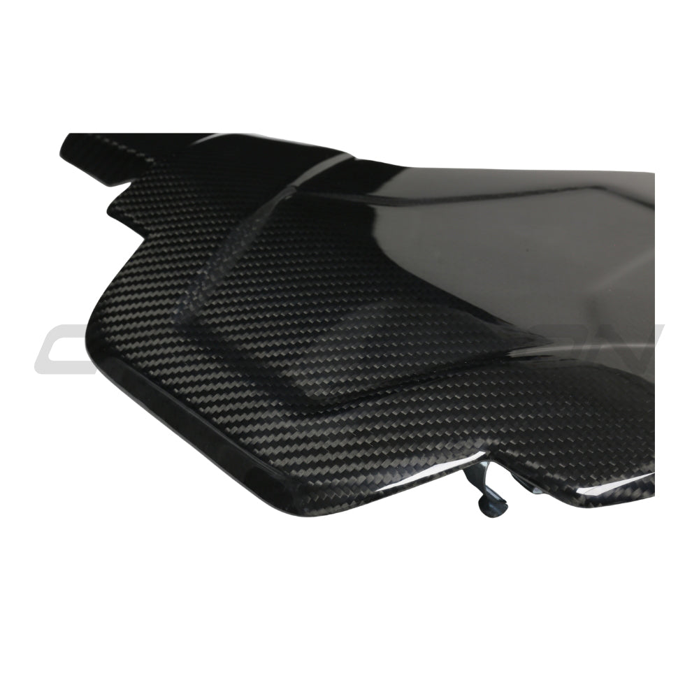 BMW F90 M5 and M8 carbon fibre lower engine bay cover by CT Carbon, showing sleek lightweight engine bay accessory.