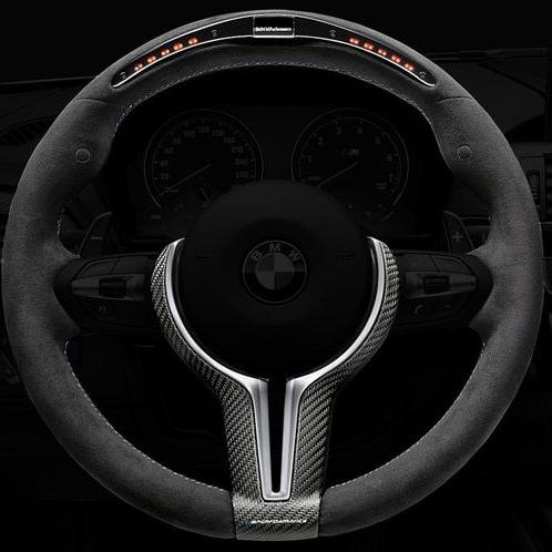 Genuine BMW F87 M Performance Race Display steering wheel with carbon fiber accents and sport grip design.
